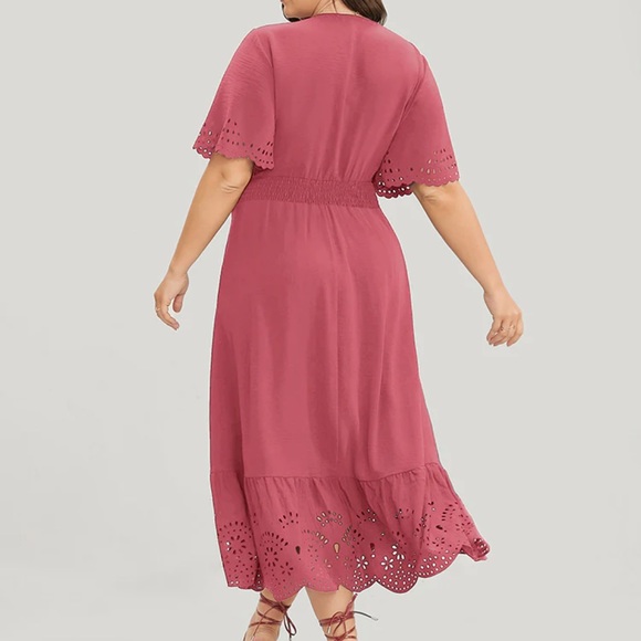 Solid Laser Cut Shirred Pocket Wrap Scalloped Trim Flutter Dress - Picture 3 of 5